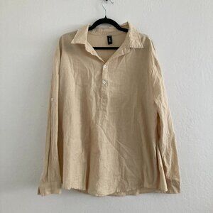 Ouku Linen Blend Popover Long Sleeve Shirt Cream Beach Lightweight Men's XXL